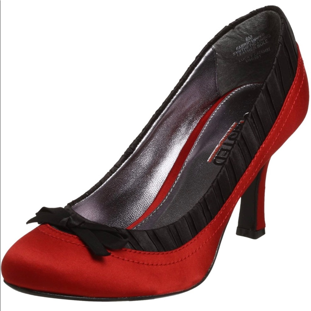 Unlisted by Kenneth Cole Red Satin Pump with Black Trim and Bow Accent